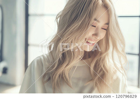 "AI generated image" of a beautiful woman photographed at a hair salon 120796829