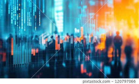 A colorful image of a cityscape with people walking around 120797066