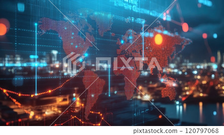 A computer screen shows a map of the world with red and blue lines 120797068