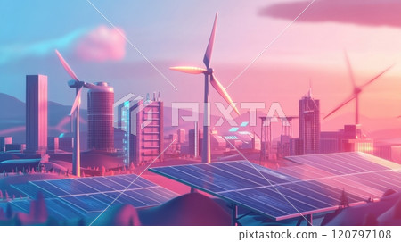 A city skyline with a large number of wind turbines and solar panels 120797108