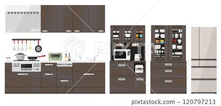 木紋系統廚房向量插圖集廚房烹飪烹飪模型房櫥櫃爐灶洗碗機 120797213