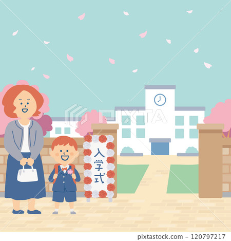 Illustration of a signboard and parents and children at the elementary school entrance ceremony Illustration of a signboard and parents and children at the elementary school entrance ceremony 120797217