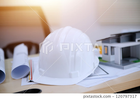 Architects, engineers, contractors working in the office with blueprints, inspection engineers Work analysis for architectural plan, construction project sketch, focus, business construction concept. 120797317