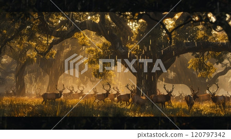 A herd of deer are walking through a forest 120797342
