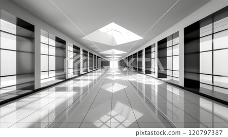 Modern Minimalistic White Corridor with Skylights 120797387