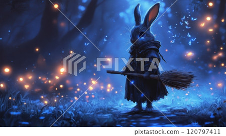 A rabbit is standing in a forest with a broom in its hand 120797411
