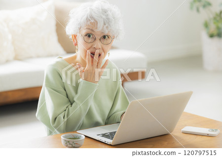 操作計算機的一位資深婦女 120797515