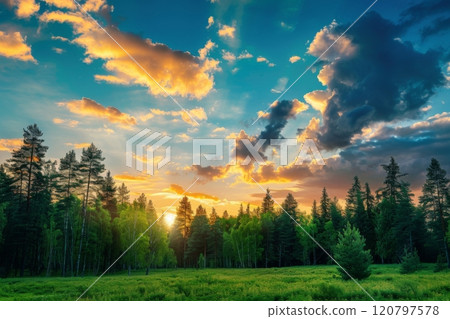 Sunset Glow Over Verdant Forest Landscape 120797578