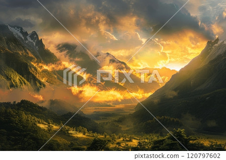 Fiery Sunset Over Majestic Mountain Valley Fiery Sunset Over Majestic Mountain Valley 120797602