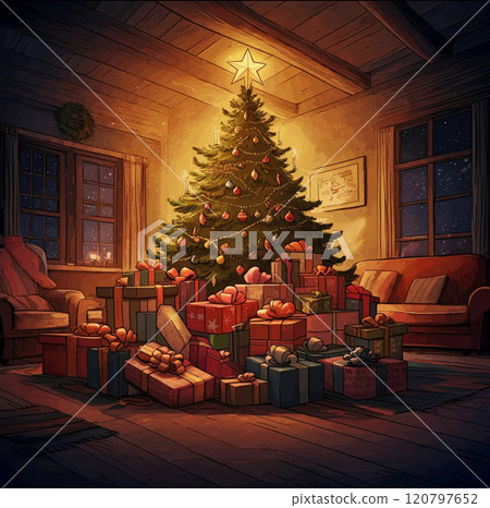 聖誕樹上裝飾著聖誕禮物 聖誕樹上裝飾著聖誕禮物 120797652