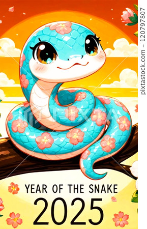 2025蛇年 盤繞的蛇,帶有彩色花卉圖案 2025蛇年 盤繞的蛇,帶有彩色花卉圖案 120797807