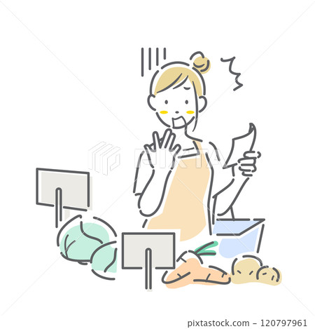 食品部一位震驚的購物女士 — 簡單而時尚的線條畫插圖 食品部一位震驚的購物女士 — 簡單而時尚的線條畫插圖 120797961