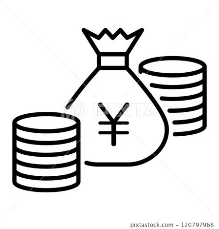 Illustration of a bag of Japanese yen money and stacked coins 120797968