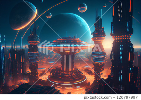 Neon city of a future. Industrial zone in a futuristic city. Wallpaper in a cyberpunk style. Grunge cityscape with bright neon lights and huge futuristic buildings. 3D illustration. 120797997