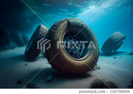 Old car tire thrown into the river. Concept of environmental pollution. Close-up. Old car tire thrown into the river. Concept of environmental pollution. Close-up. 120798004