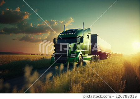 Sun-drenched powerful modern stylish and comfortable green large truck semi-trailer of the latest model of commercial transport for long distances with a shiny chrome grille. 120798019