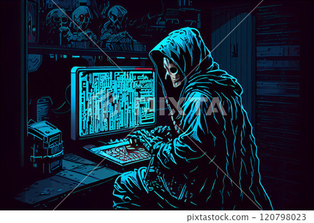 Grim hacker Using Laptop. Horror Grim Reaper And Laptop. Cybersecurity and virus concept Grim hacker Using Laptop. Horror Grim Reaper And Laptop. Cybersecurity and virus concept 120798023