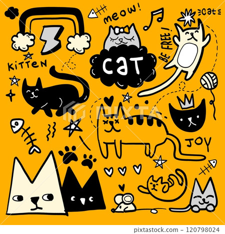 Playful Cat Doodles on Yellow Background 120798024