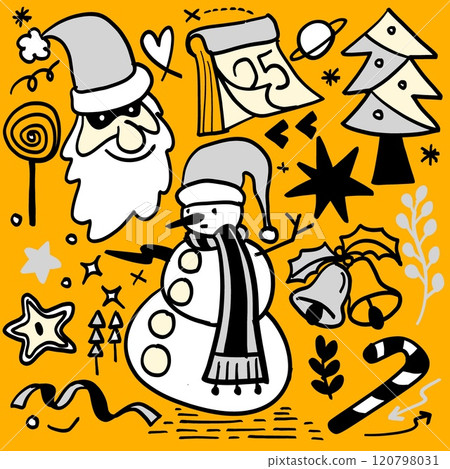 Hand Drawn Christmas Doodle Collection on Yellow Background 120798031