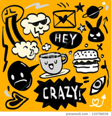 Playful Doodle Art Collection with Fun Emojis and Symbols Playful Doodle Art Collection with Fun Emojis and Symbols 120798036