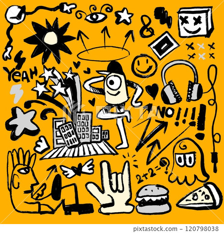 Energetic Doodle Art Collection with Music and Urban Icons 120798038