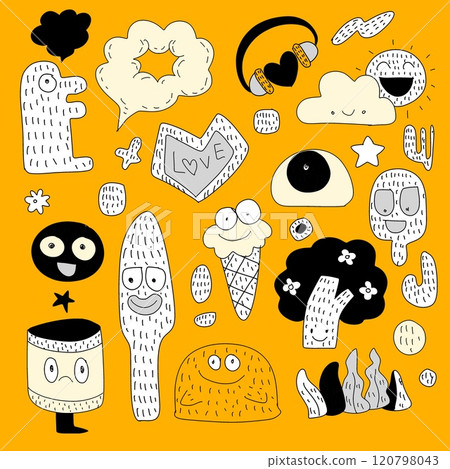 Quirky Doodle Collection with Cute Characters and Symbols Quirky Doodle Collection with Cute Characters and Symbols 120798043