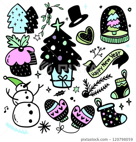 New Year and Christmas Doodle Collection with Tree and Snowman, Isolated on White Background New Year and Christmas Doodle Collection with Tree and Snowman, Isolated on White Background 120798059