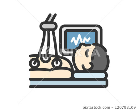 Illustration of a man icon (line drawing color) undergoing an electrocardiogram test 120798109