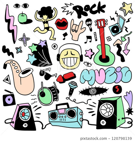 Hand Drawn Music and Pop Art Doodles Isolated on White Background 120798139
