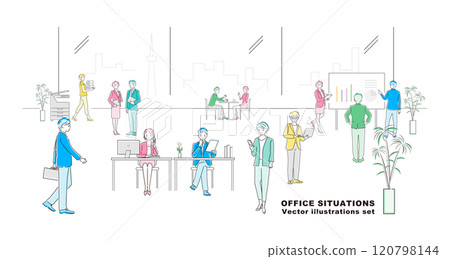 A set of illustrations of business workers working in an office 120798144