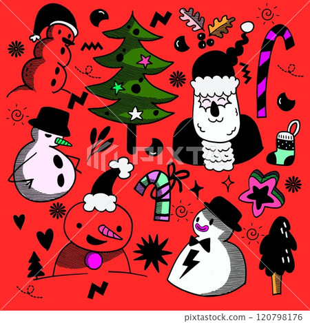 Hand Drawn Christmas Icons with Santa and Snowmen Isolated on Red Background Hand Drawn Christmas Icons with Santa and Snowmen Isolated on Red Background 120798176