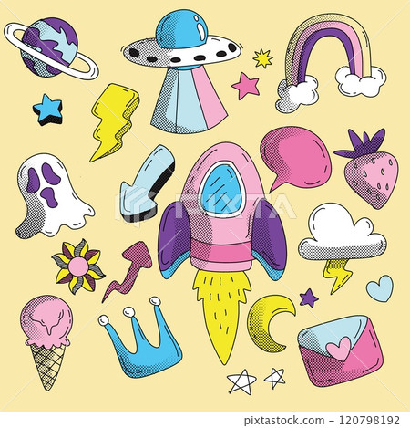 Hand Drawn Space and Fun Doodle Icons Isolated on Yellow Background 120798192