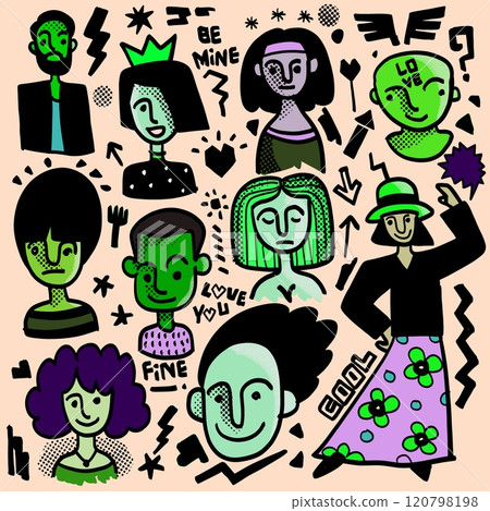 Hand Drawn Abstract Portrait Doodles Isolated on Beige Background 120798198