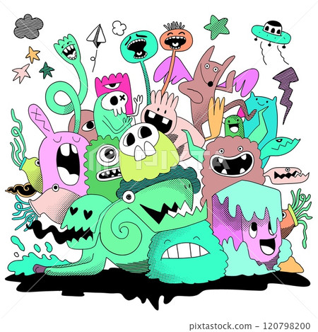 Hand Drawn Fun Monster Doodle Characters Isolated on White Background 120798200