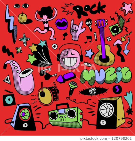 Hand Drawn Music and Pop Art Doodle Icons Isolated on Red Background 120798201