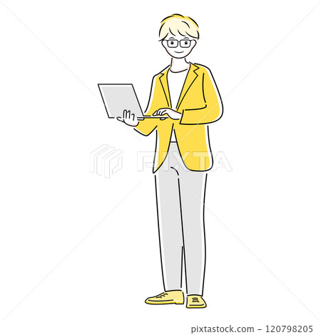 一位常設商人打開筆記型電腦的插圖 120798205