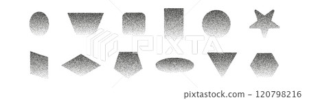 Abstract shapes with gradient and grainy noise texture. Grunge graphic forms, oval,triangle,square. Flat vector illustration isolated on white background. Abstract shapes with gradient and grainy noise texture. Grunge graphic forms, oval,triangle,square. Flat vector illustration isolated on white background. 120798216