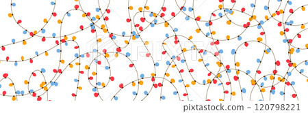 String of lights in line with sketchy doodle art. Decorative border for Christmas holiday and party designs. Flat vector illustration isolated on white background. 120798221