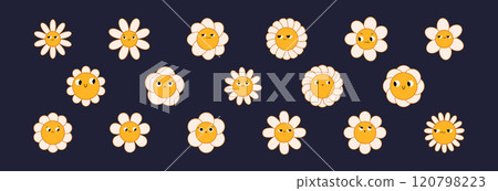 Groovy daisy flowers face collection. Retro chamomile smiles in cartoon style. Happy stickers set from 70s. Vector graphic illustration Groovy daisy flowers face collection. Retro chamomile smiles in cartoon style. Happy stickers set from 70s. Vector graphic illustration 120798223