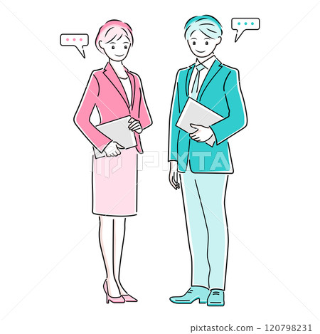 Businessman and businesswoman talking in the office 120798231