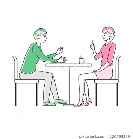 A businessman and a businesswoman having a meeting in the office cafe corner 120798259