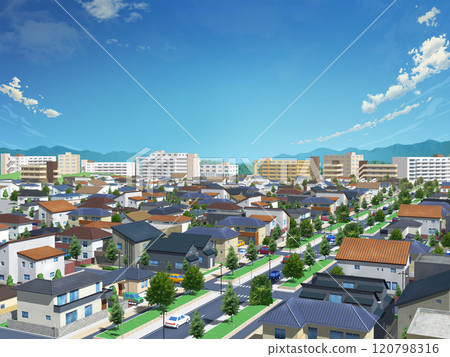 House, residential, town, city, blue sky, illustration, CG, BG, streetscape, background 120798316