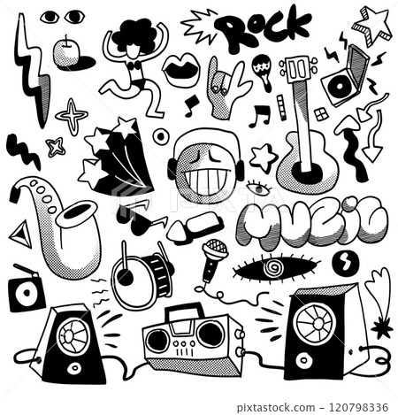 Retro Music Doodle Collage with Halftone Effect 120798336