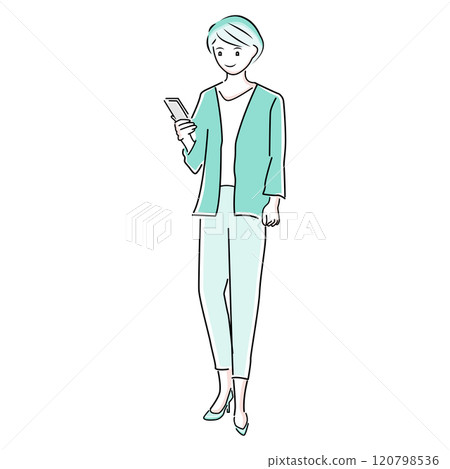 圖解：一位辦公室女士在休息時看手機 120798536