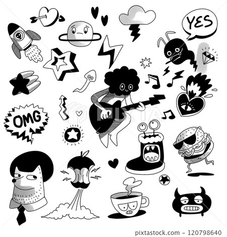 Hand Drawn Funky Doodle Icons with Halftone Effect Isolated on White Background 120798640