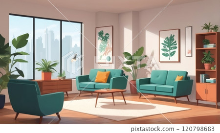 Modern living room with turquoise sofas, wooden coffee table Modern living room with turquoise sofas, wooden coffee table 120798683