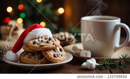 Delicious chocolate chip cookies topped with a Santa hat sit on a plate beside a steaming cup of coffee, creating a cozy holiday ambiance perfect for festive enjoyment. 120798688