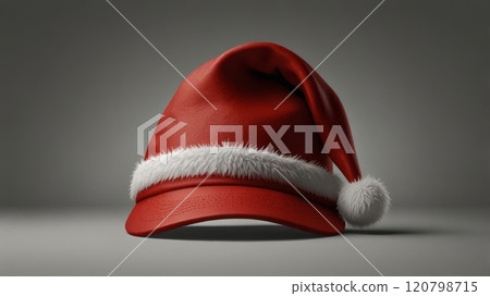 A festive red Santa hat sits against a soft gray background, highlighting its classic design with white trim. The playful holiday accessory brings a cheerful spirit to any setting. 120798715