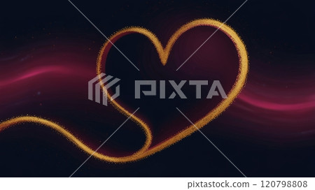 A shimmering heart shape formed by golden light against a deep purple and black background, conveying love and warmth with graceful, flowing lines 120798808