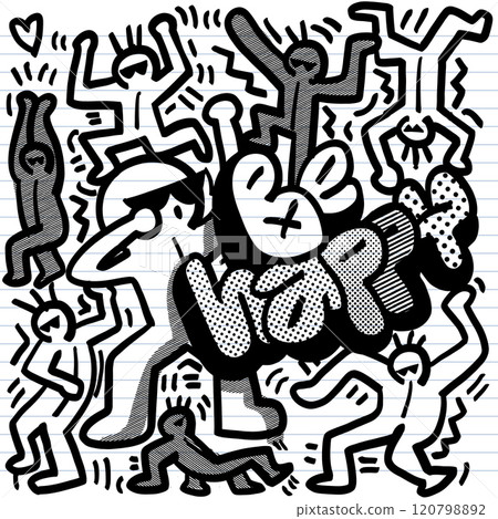 Colorful abstract illustration featuring playful figures and word work in dynamic design, conveying energy and creativity Colorful abstract illustration featuring playful figures and word work in dynamic design, conveying energy and creativity 120798892